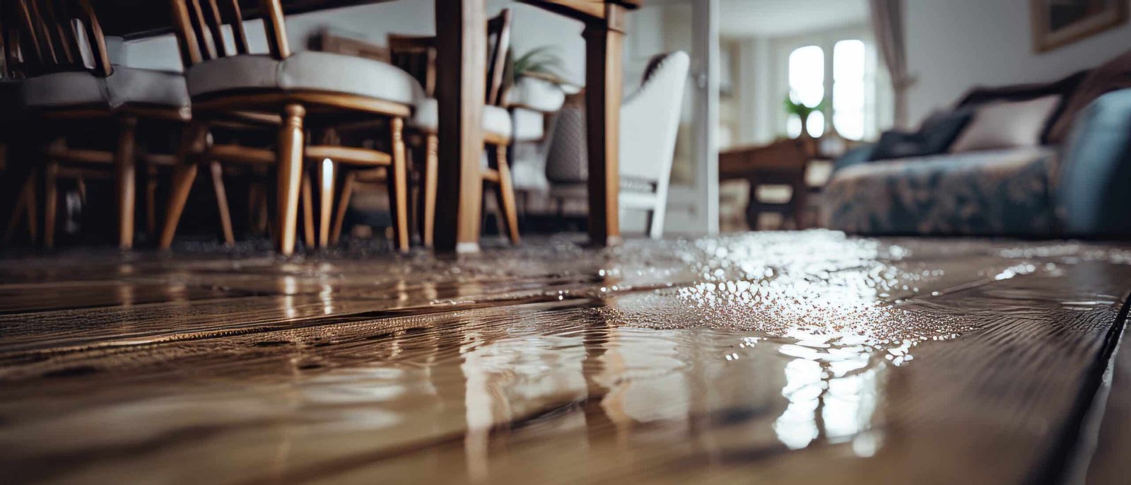 Kitchen and furniture chair legs in room flooded with water